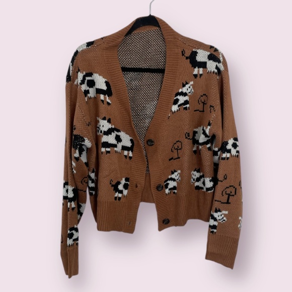Cow Hipster Hippie Art Artsy Fun Party Plant Coquette Picnic Cardigan Sweater - Picture 1 of 6